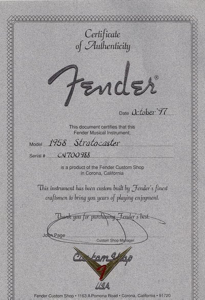 1958 Stratocaster Certificate
