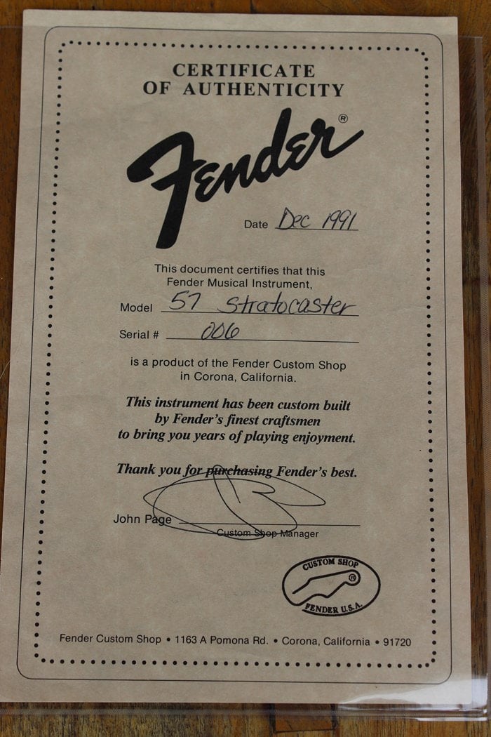 Bill Carson stratocaster Certificate