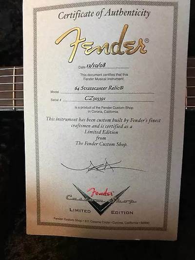 Limited 1964 Stratocaster Relic certificate