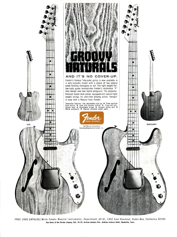 The 1968 Telecaster Thinline advert showed both the ash-body and the mahogany-body guitars in a stunning Natural finish