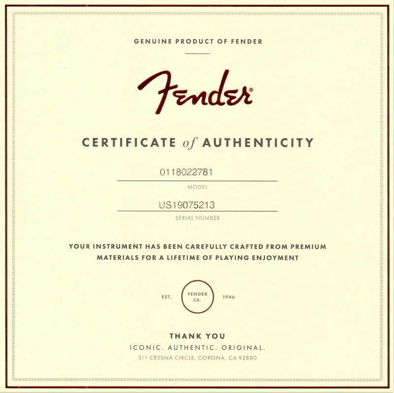 American Ultra Stratocaster HSS Certificate