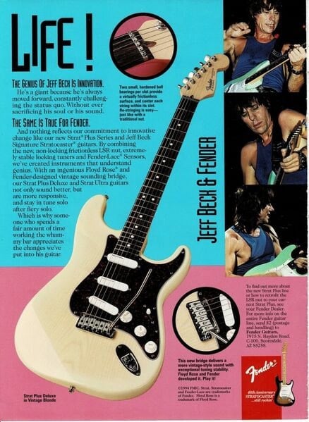 Questo volantino pubblicitario, che mostra una Deluxe Strat Plus e Jeff Beck, sottolinea il legame tra il chitarrista e questa serie. Da notare il nuovo ponte.