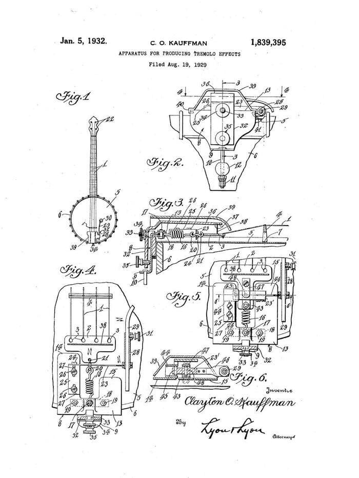 Apparatus for producing tremolo effects patent by Doc Kauffman, filed in 1928 and officially granted to on January 5, 1932.