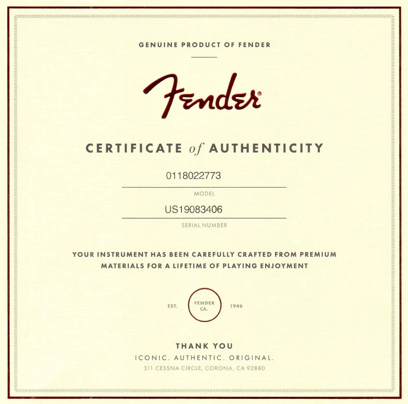 American Ultra Stratocaster HSS Certificate