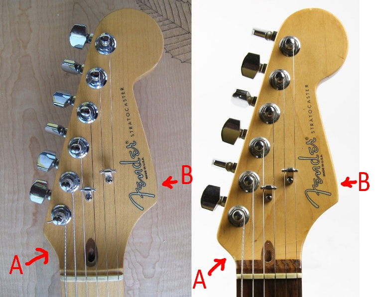 Confronto tra la paletta di una Stratocaster del 1996, a destra, con una del 1999, a sinistra. Tutte le palette precedenti al 1998 avevano una forma molto simile a quelle pre-CBS, ma non ancora vintage-correct. Sono evidenti la diversa inclinazione della curva A e la 