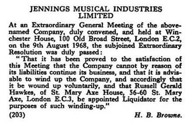 Articolo del London Gazette del 29 Agosto 1968 in cui si anunciava la liquidazione della JMI