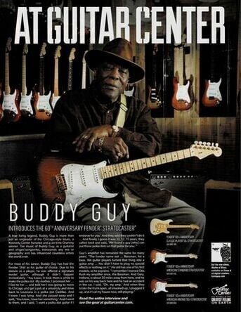 Pubblicità di Guitar Center del 2014 che introduceva le Anniversary Stratocaster che mostrava Buddy Guy con una Commemorative Stratocaster