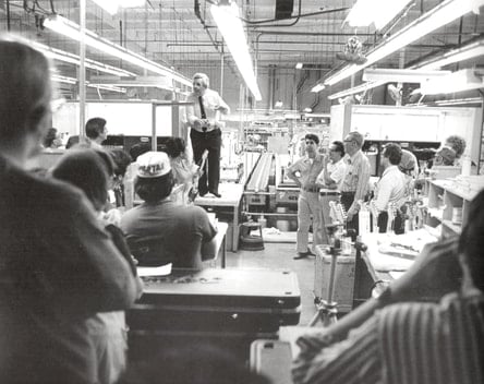 Bill Schultz regularly visited the production line to rally the troops (Courtesy of Fender)