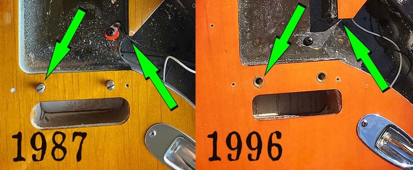 In comparing the 1986-early 1987 and all the other American Standard Strats, it's notable that the very first units featured a sharp corner between the swimming pool and the control route. Additionally, these early units are distinguishable because the bridge pivots entered directly into the wood, whereas in all other American Standard Stratocasters, they passed through a metal ferrule inserted into the body