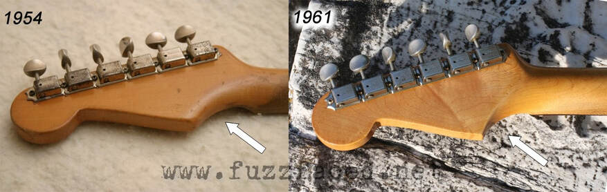 Comparison between the back face of the headstock of a 1954 stratocaster, with rounder shapes, and a 1961 one