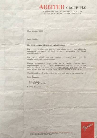 La lettera spedita dalla Fender ai proprietari delle prime Hank Marvin del Custom Shop con cui spiegava il motivo del ritiro.