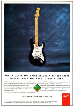 1992 Fender Squier Stratocaster ad: logo and bridge were wrongly the old ones