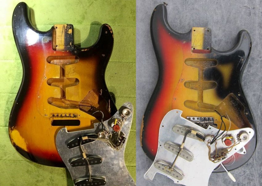 With the exception of the very first '58 Stratocasters, all the 3-tone sunburst strats lacked the red paint under the pickguard