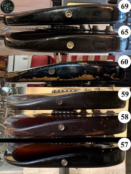 Confronto tra corpi, dall'alto verso il basso: Stratocaster del 1960, 1958, 1957