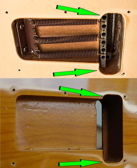 Top: the rear tremolo route of the ST-40 had rounded corners like American Standard Strats (look also the thin temolo block. Bottom: the rear tremolo route of a Japanese reissue with squared corners