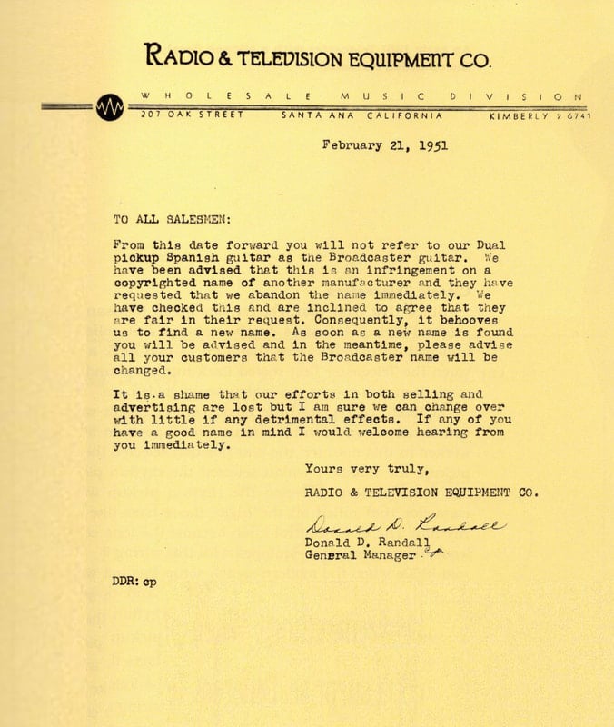 Don Randall sent a letter to all salesmen advising them that Radio-Tel was abandoning the Broadcaster name