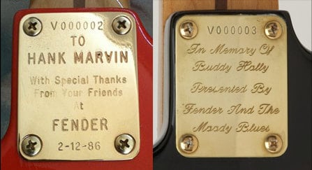 Il neck plate della Vintage S/N V000002 regalata ad Hank Marvin