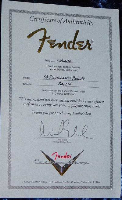 '68 Heavy Relic Stratocaster certificate