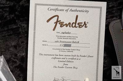 '62 Heavy Relic Stratocaster certificate